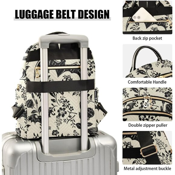 Goth Bat Flowers Quilted Small Backpack Water Resistant Casual Daypack - Picture 4 of 7